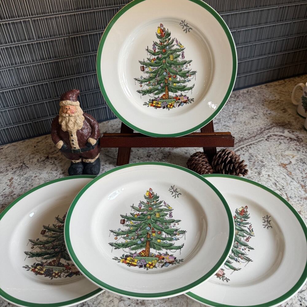 Set of 4 Vintage Spode Christmas Tree Dinner Plates 10.5" Made in England AO